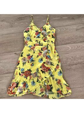 J.O.A. Yellow Floral Ruffled Mini Wrap Dress Womens XS New